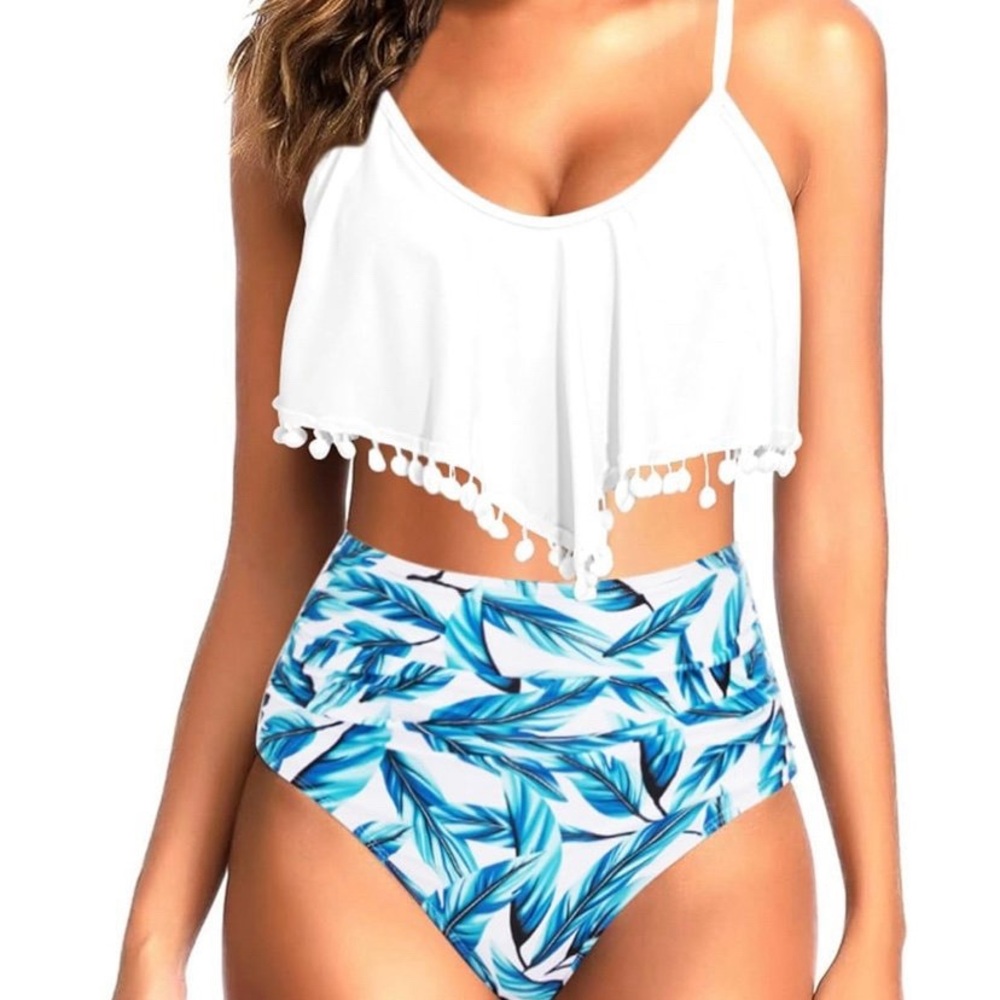 White and Blue Leaf Print Bikini Set